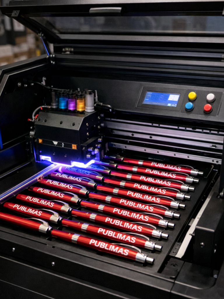 Máquina de UV LED imprimiendo un diseño sobre unos bolígrafos de color rojo