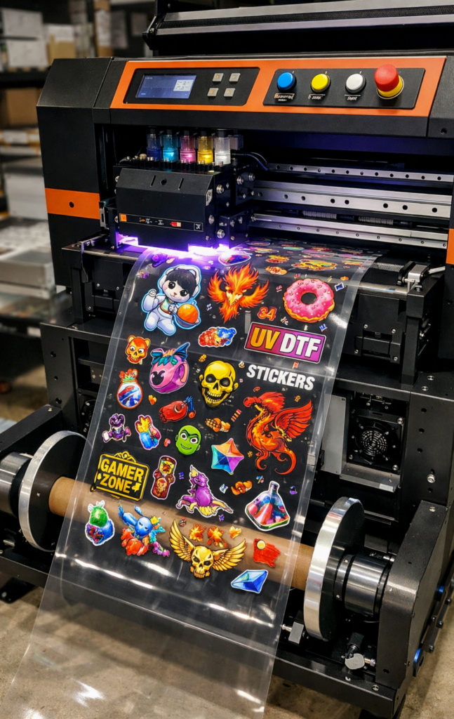 Máquina de DTF UV imprimiendo unos diseños para un cliente